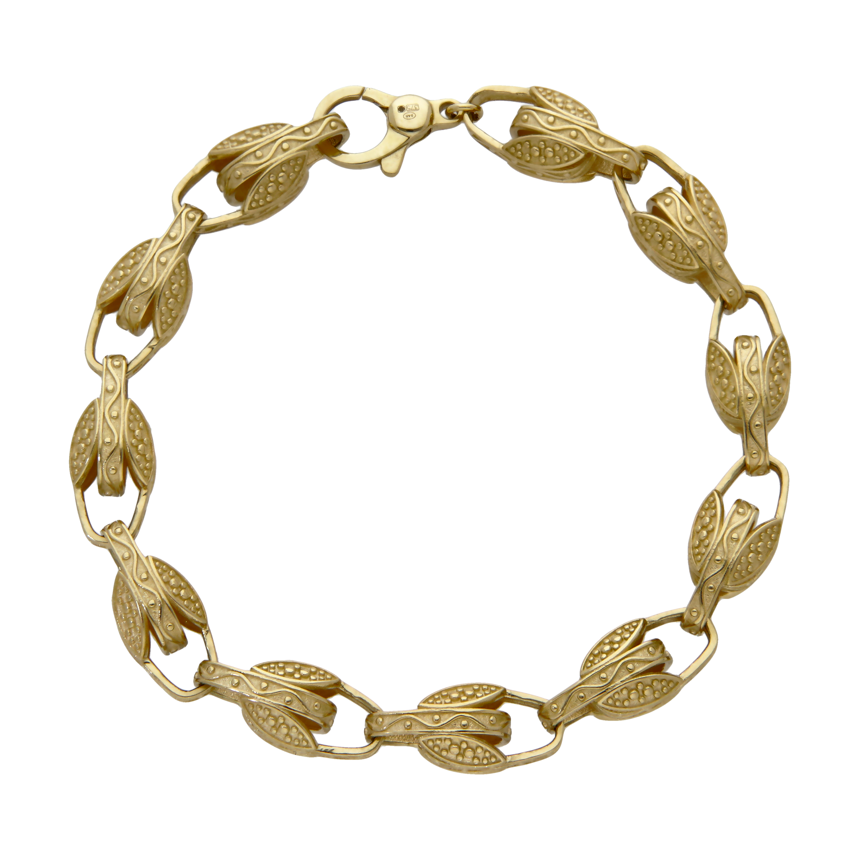 New 9ct Yellow Gold 7.5" Patterned Tulip Link Bracelet 13g
