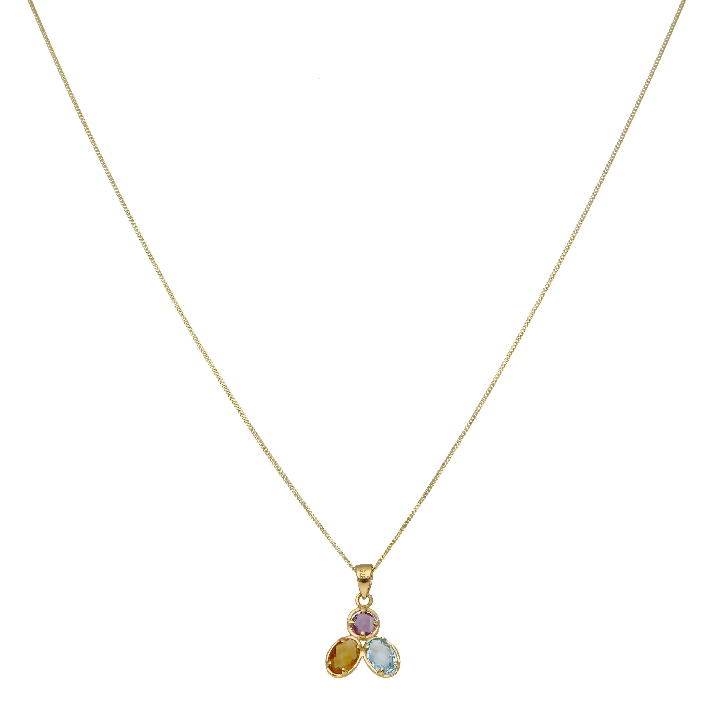 New 9ct Gold Amethyst Citrine & Topaz Trilogy Pendant Necklace