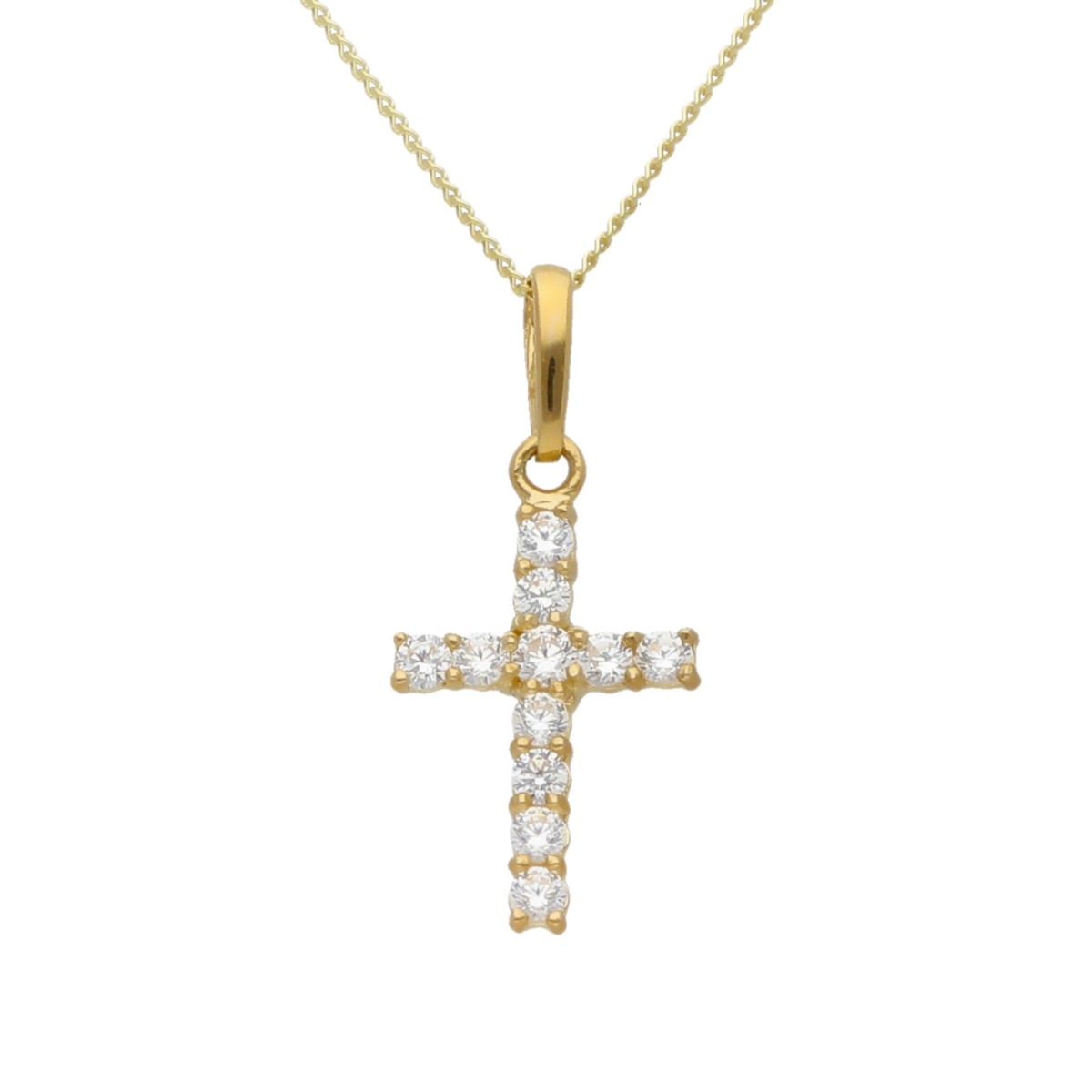 New 9ct Yellow Gold Cubic Zirconia Cross Pendant & 18" Necklace