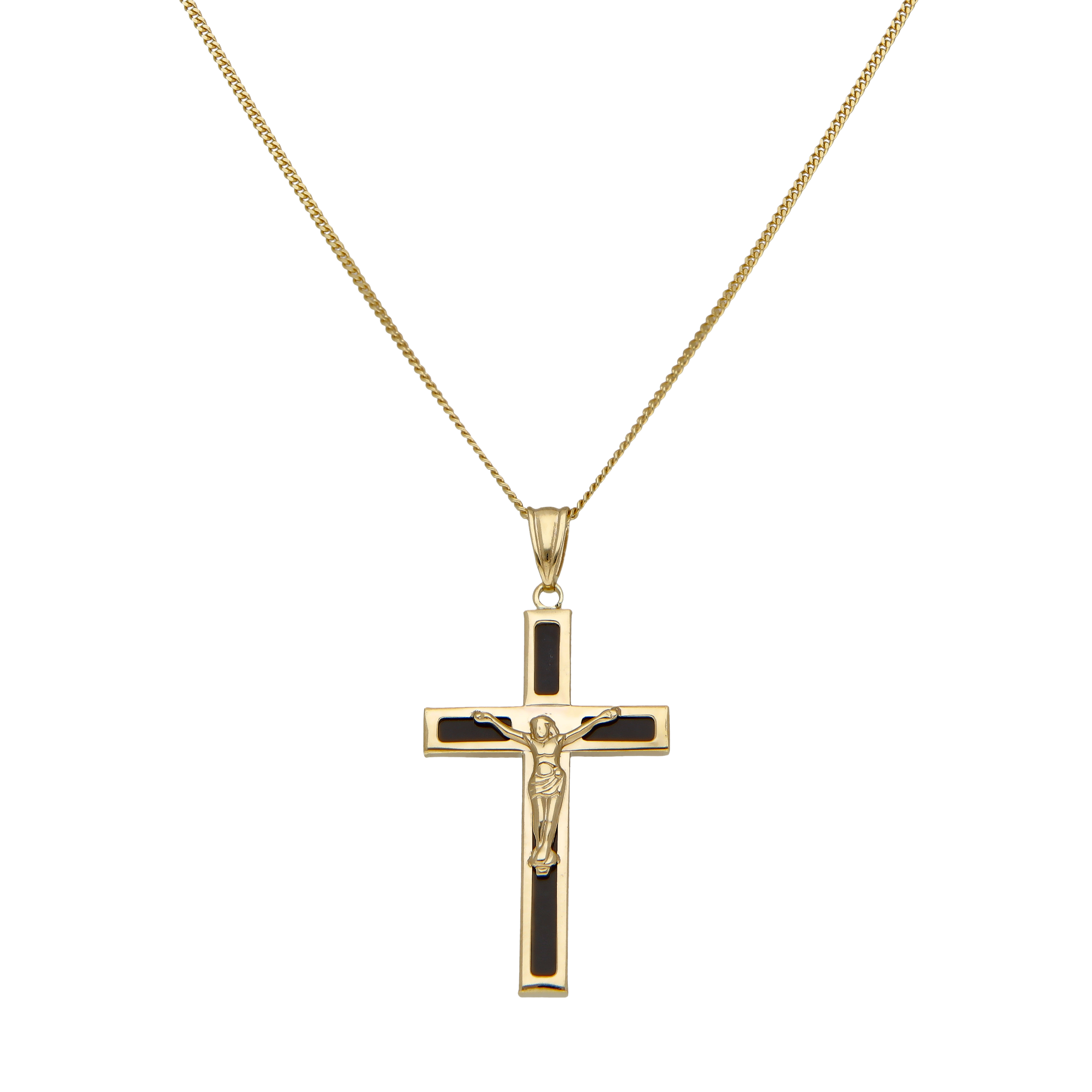 New 9ct Yellow Gold & Black Enamel Crucifix & 22" Chain Necklace