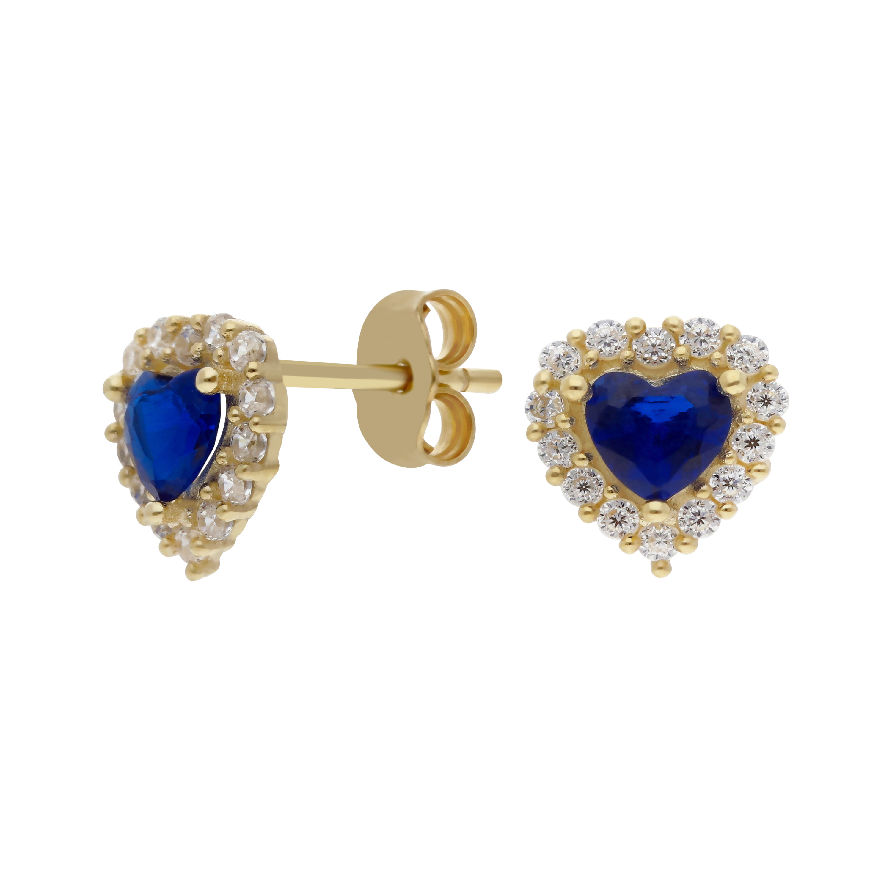 New 9ct Gold Blue & White Cubic Zirconia Heart Stud Earrings
