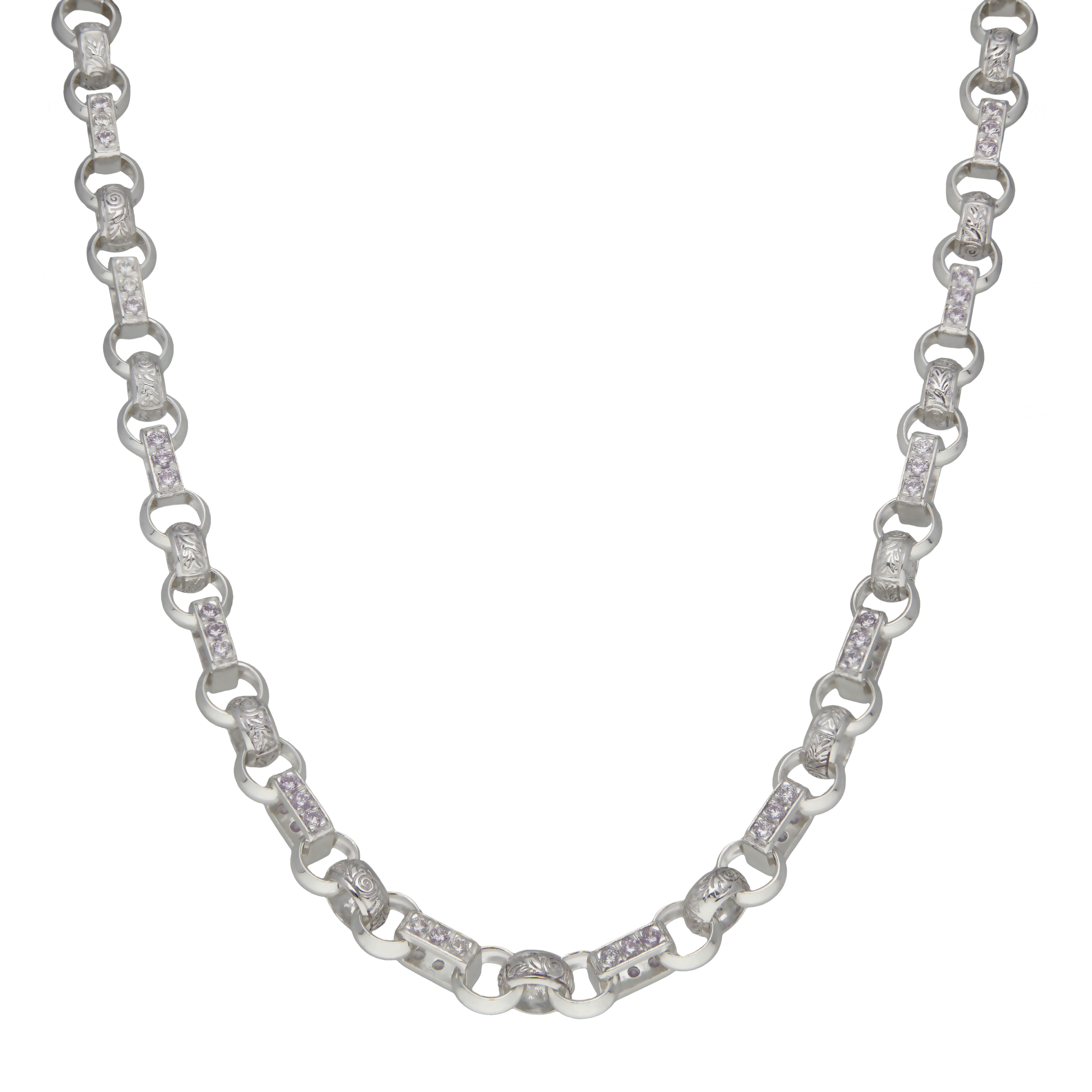 New Sterling Silver 20" Cubic Zirconia & Patterned Belcher Chain