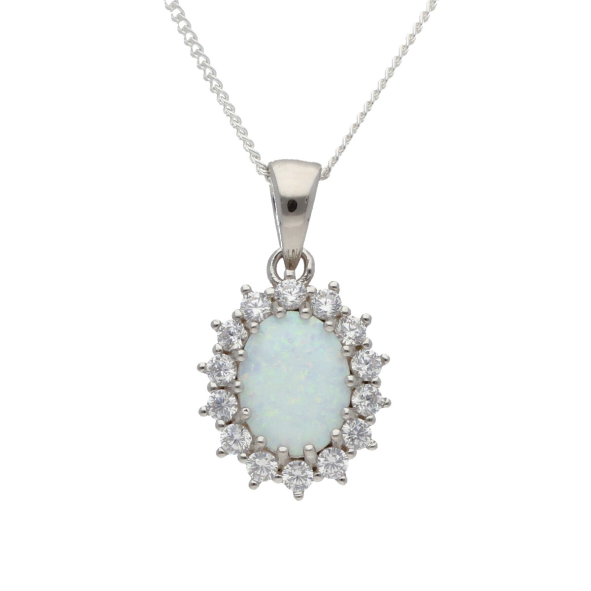 New Sterling Silver Cultured Opal & Cubic Zirconia & 18" Chain