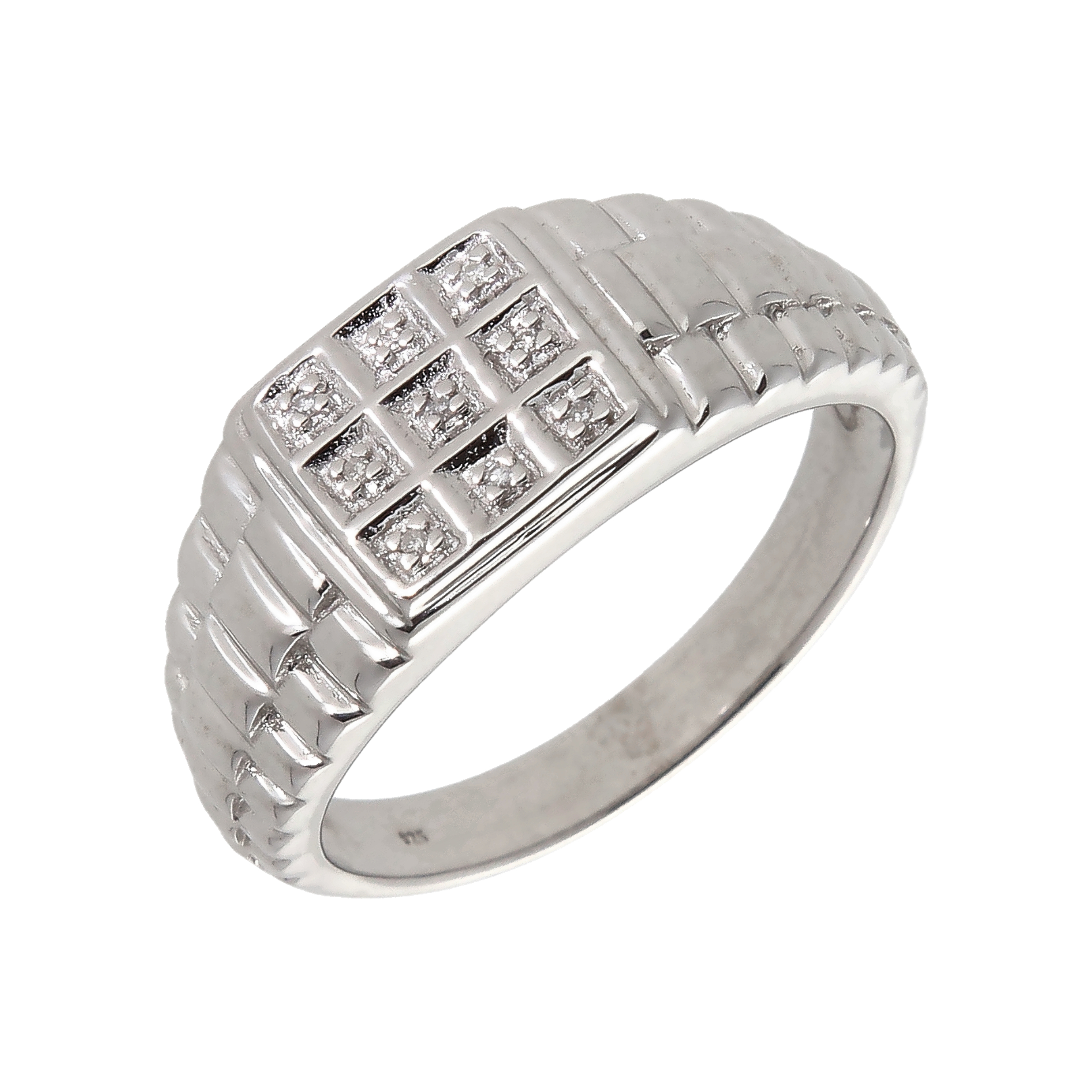 New Sterling Silver Diamond Set Square Gents Ring