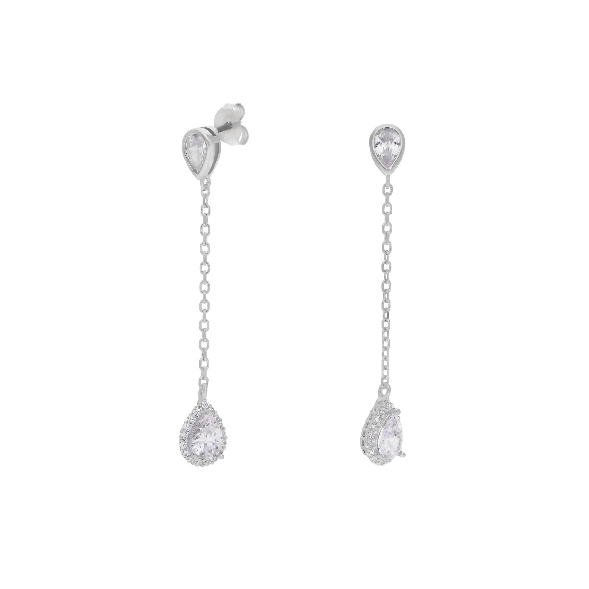 New Sterling Silver Cubic Zirconia Pear Halo Chain Drop Earrings