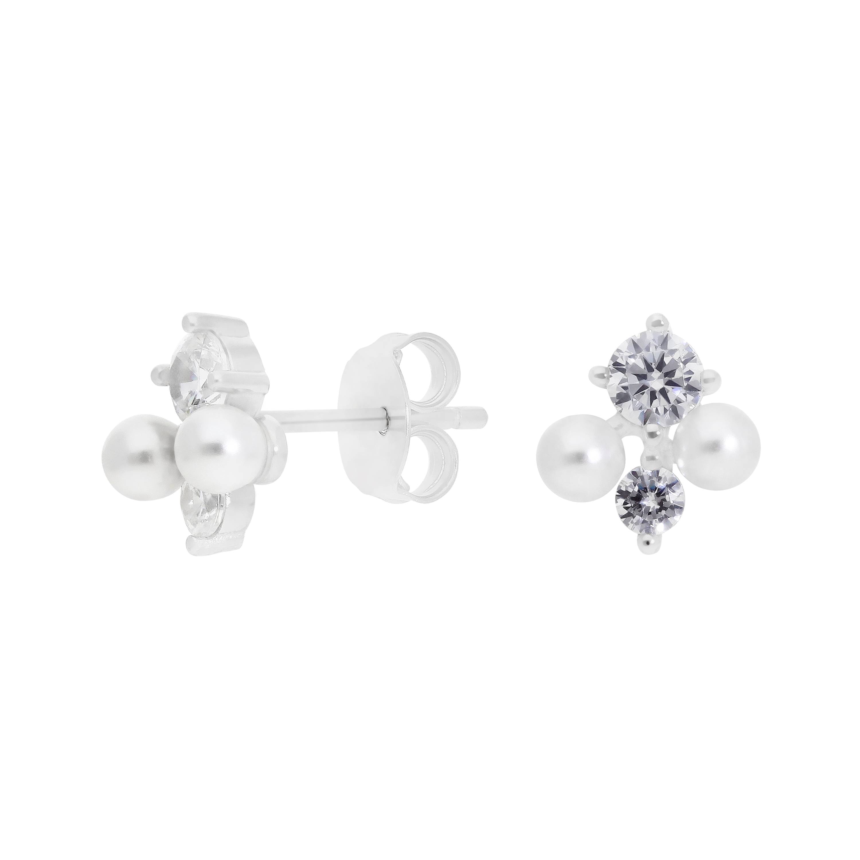 New Sterling Silver Cubic Zirconia & Pearl Cluster Stud Earrings