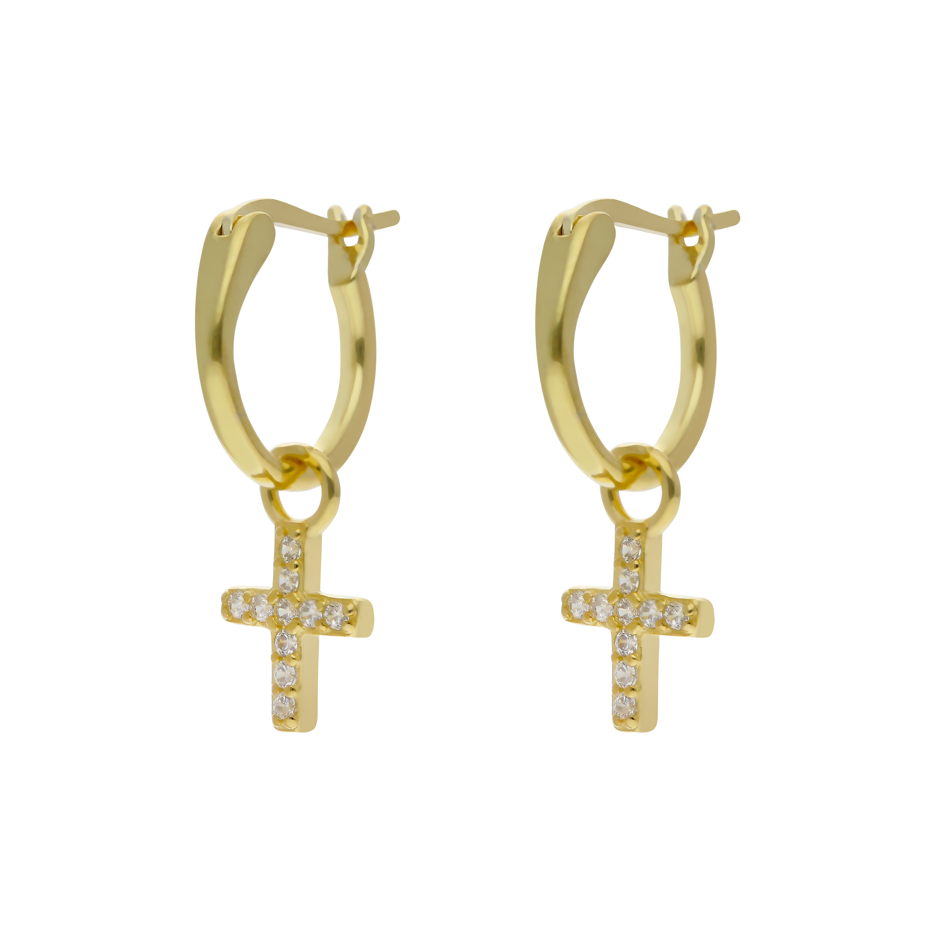 New Gold Plated Silver Cubic Zirconia Cross Drop Hoop Earrings