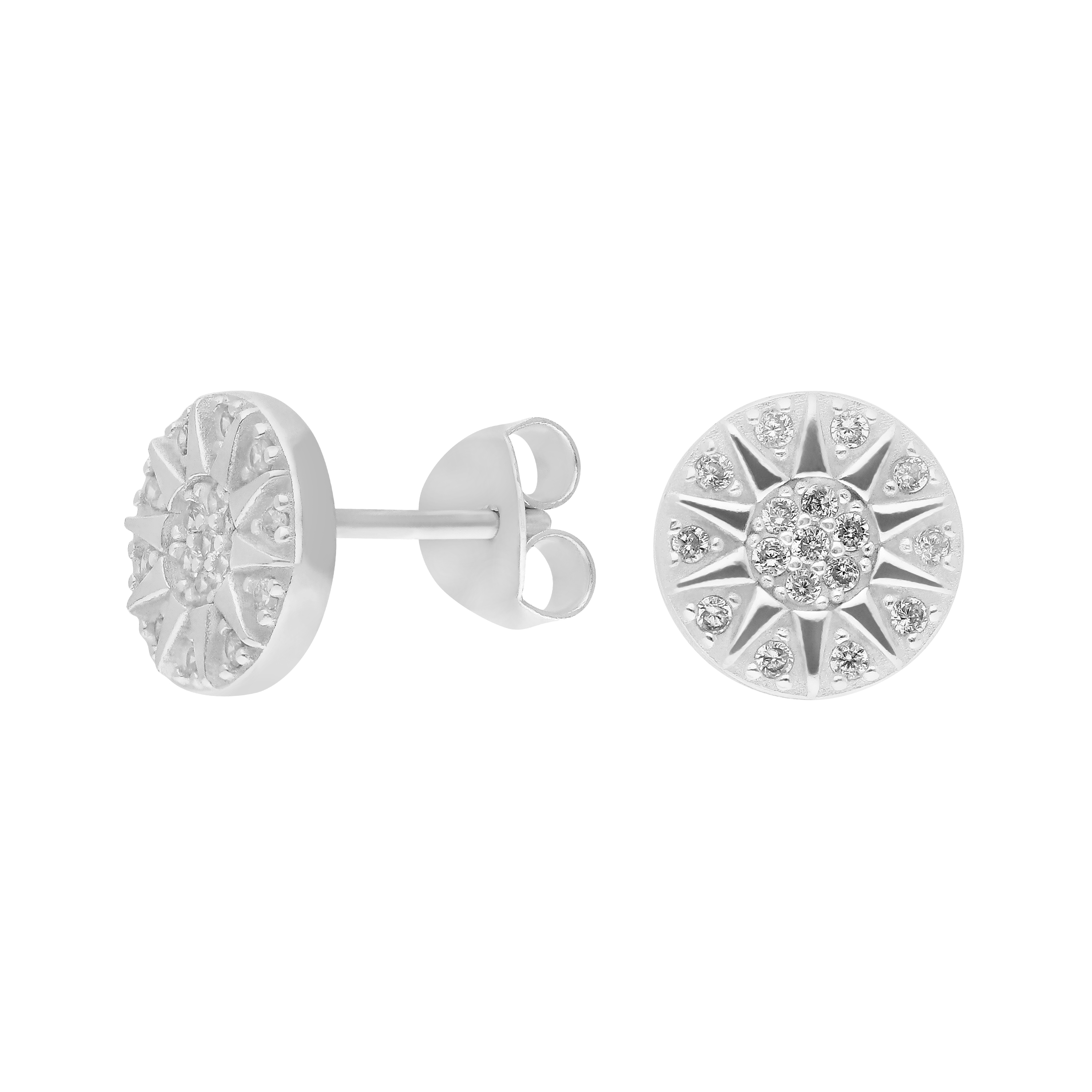 New Sterling Silver Cubic Zirconia Sun Dial Circle Stud Earrings