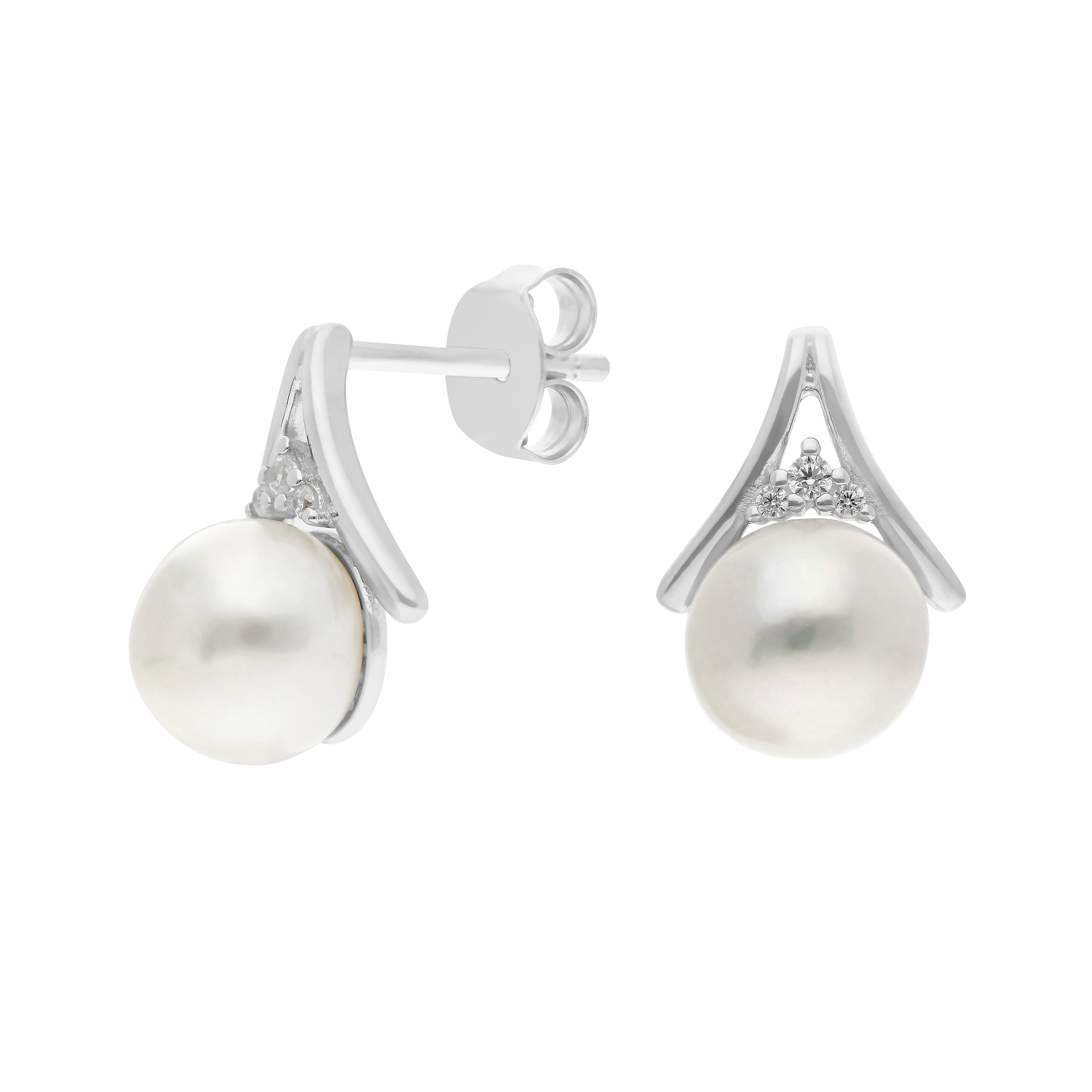 New Sterling Silver Pearl & Cubic Zirconia Stud Earrings
