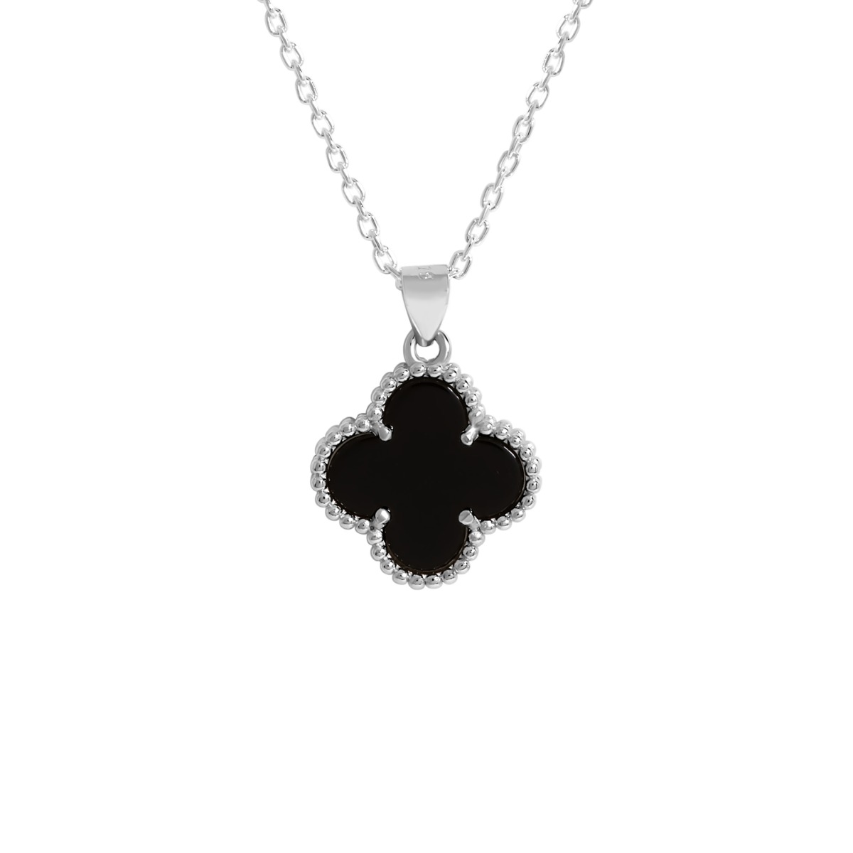 New Sterling Silver Onyx Clover Petal Pendant Necklace