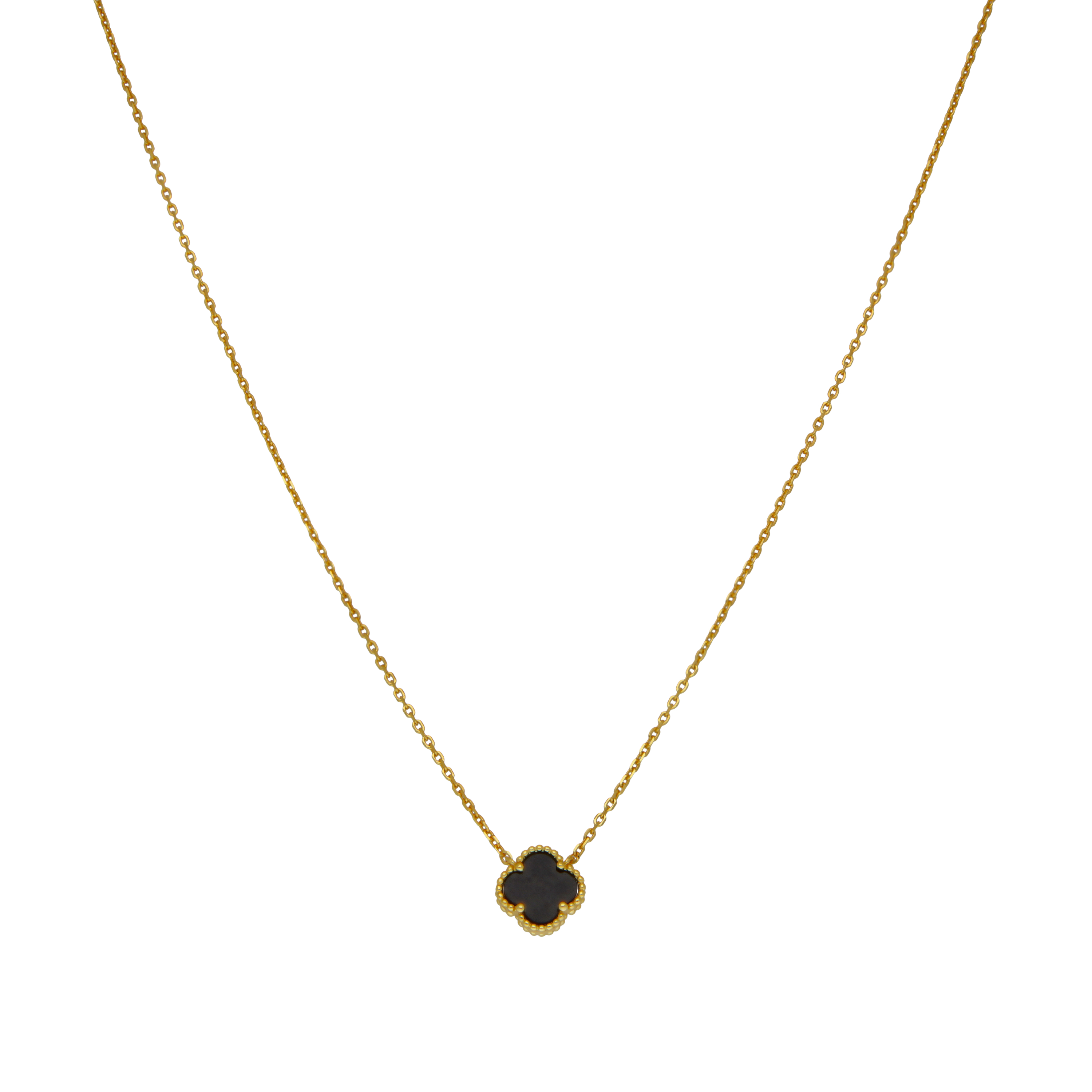 New Gold Plated Silver 17" Onyx Clover Petal Necklace