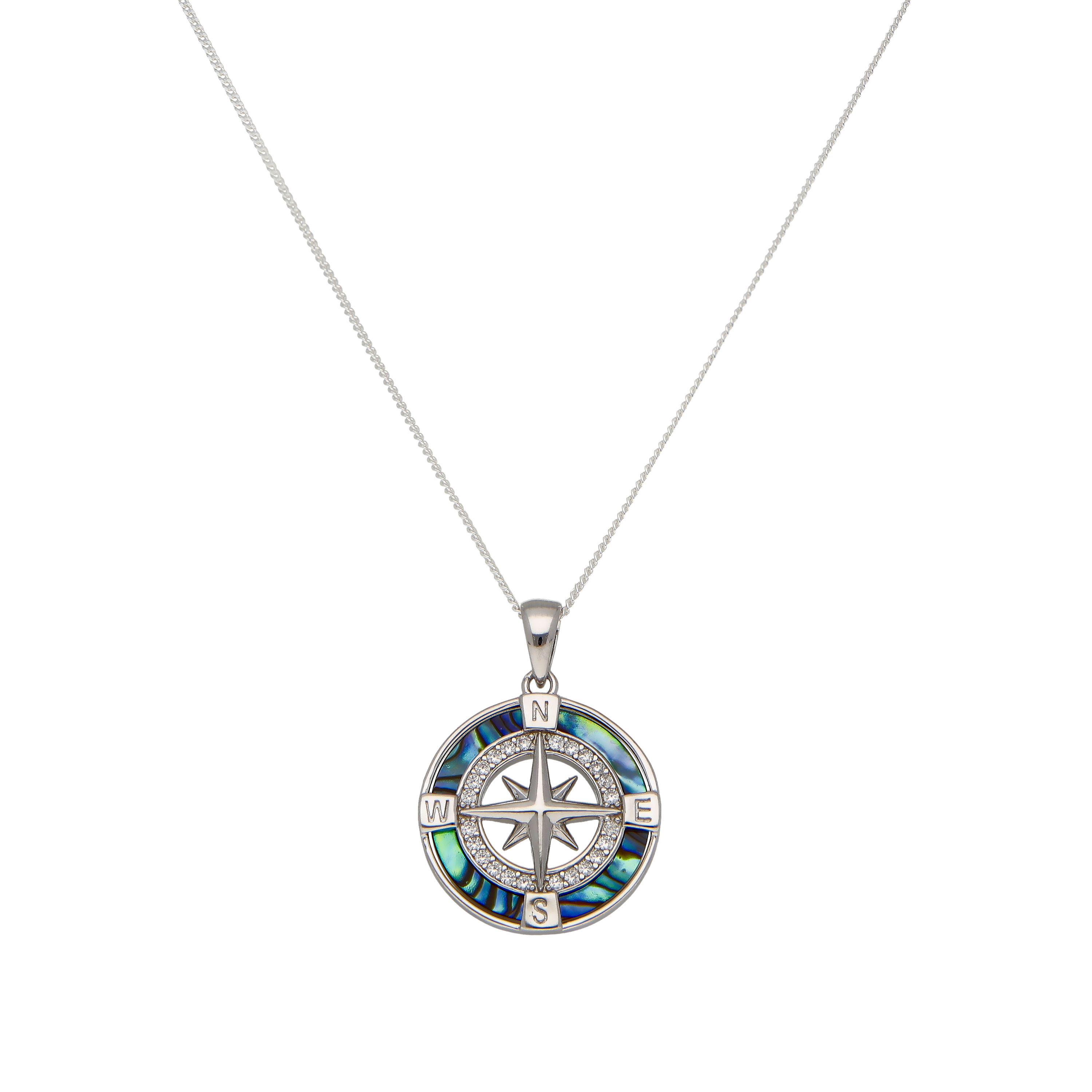 New Sterling Silver Paua Shell Compass Pendant & 20" Necklace