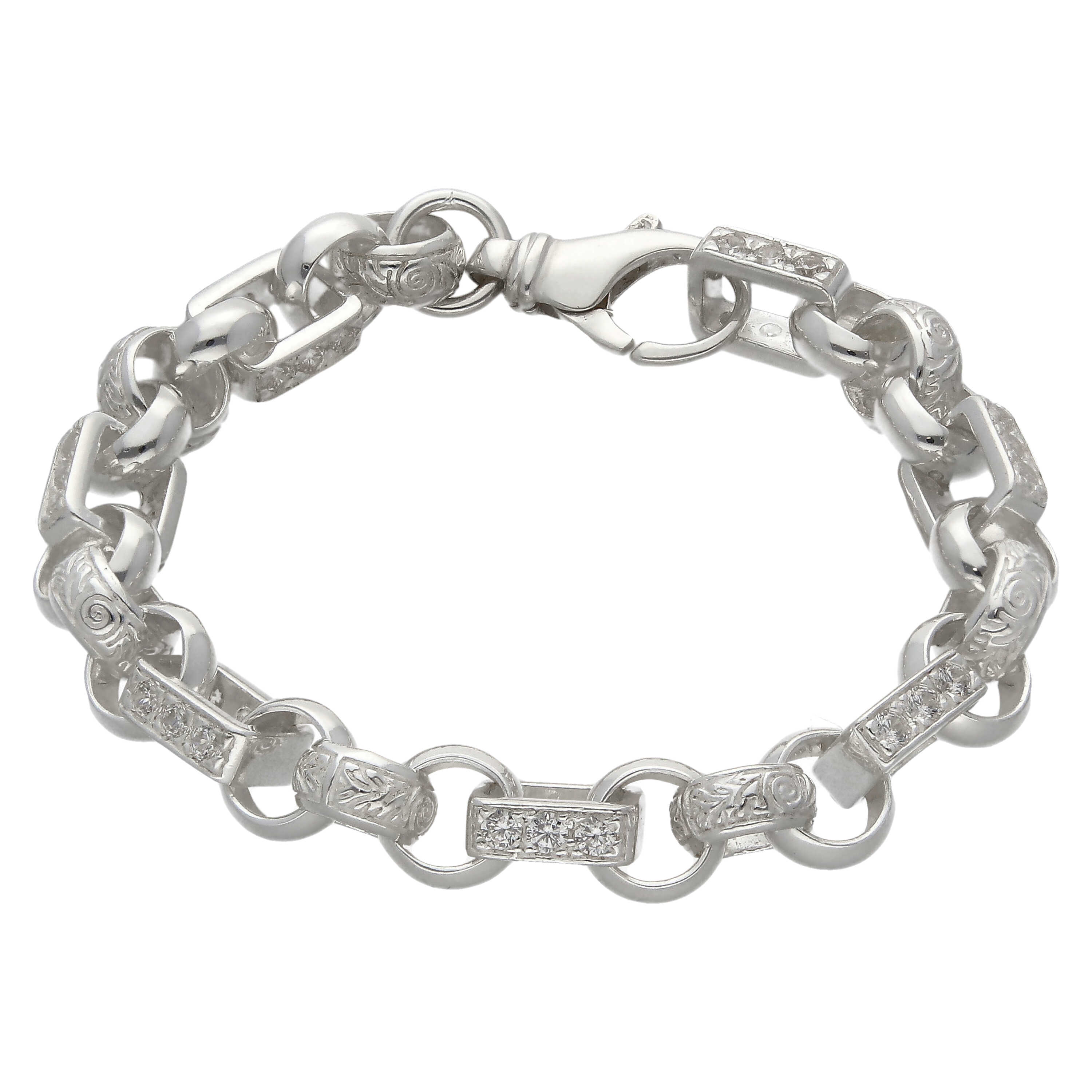 New Sterling Silver 9" Cubic Zirconia Figaro Belcher Bracelet