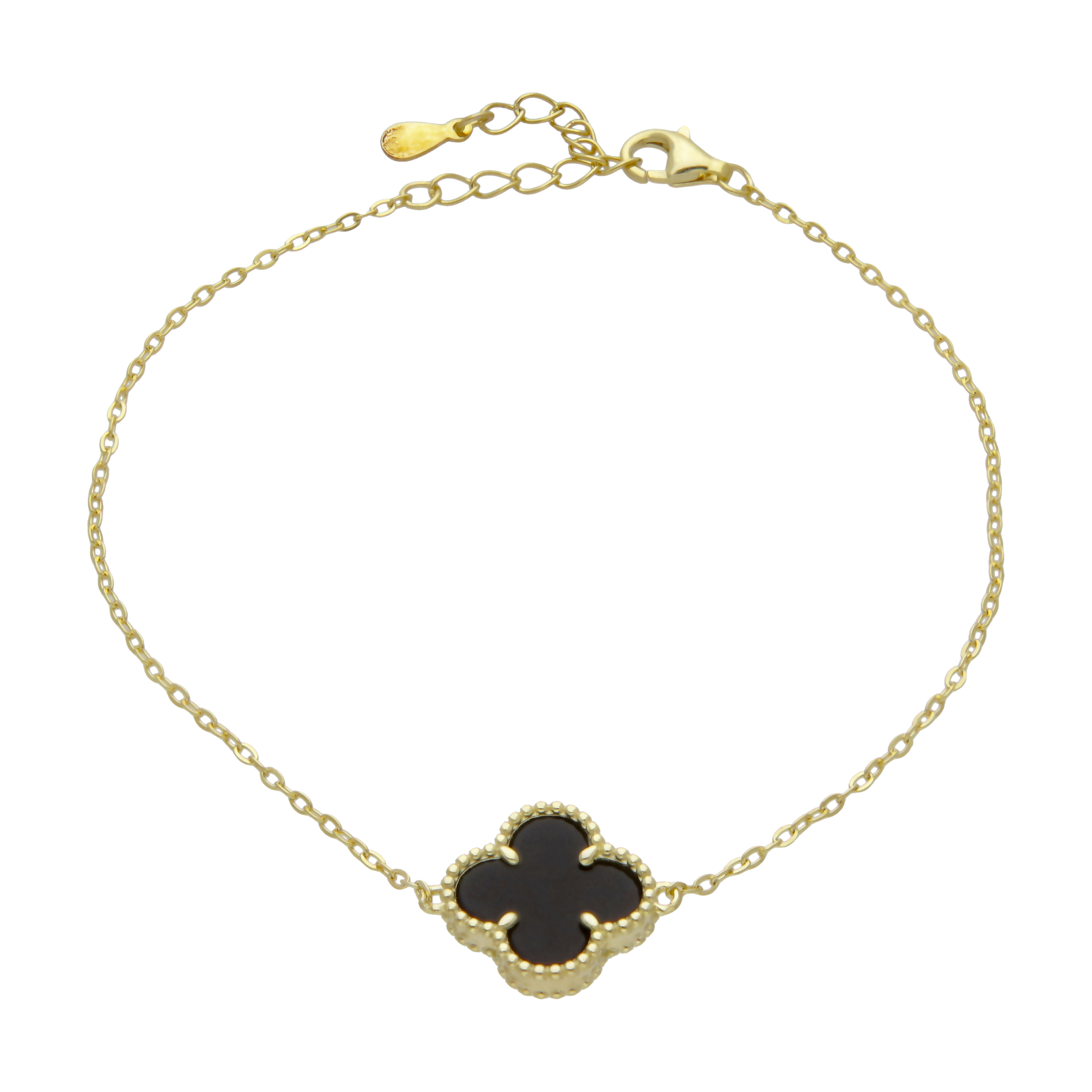 New Gold Plated Silver Onyx Clover Petal Bracelet