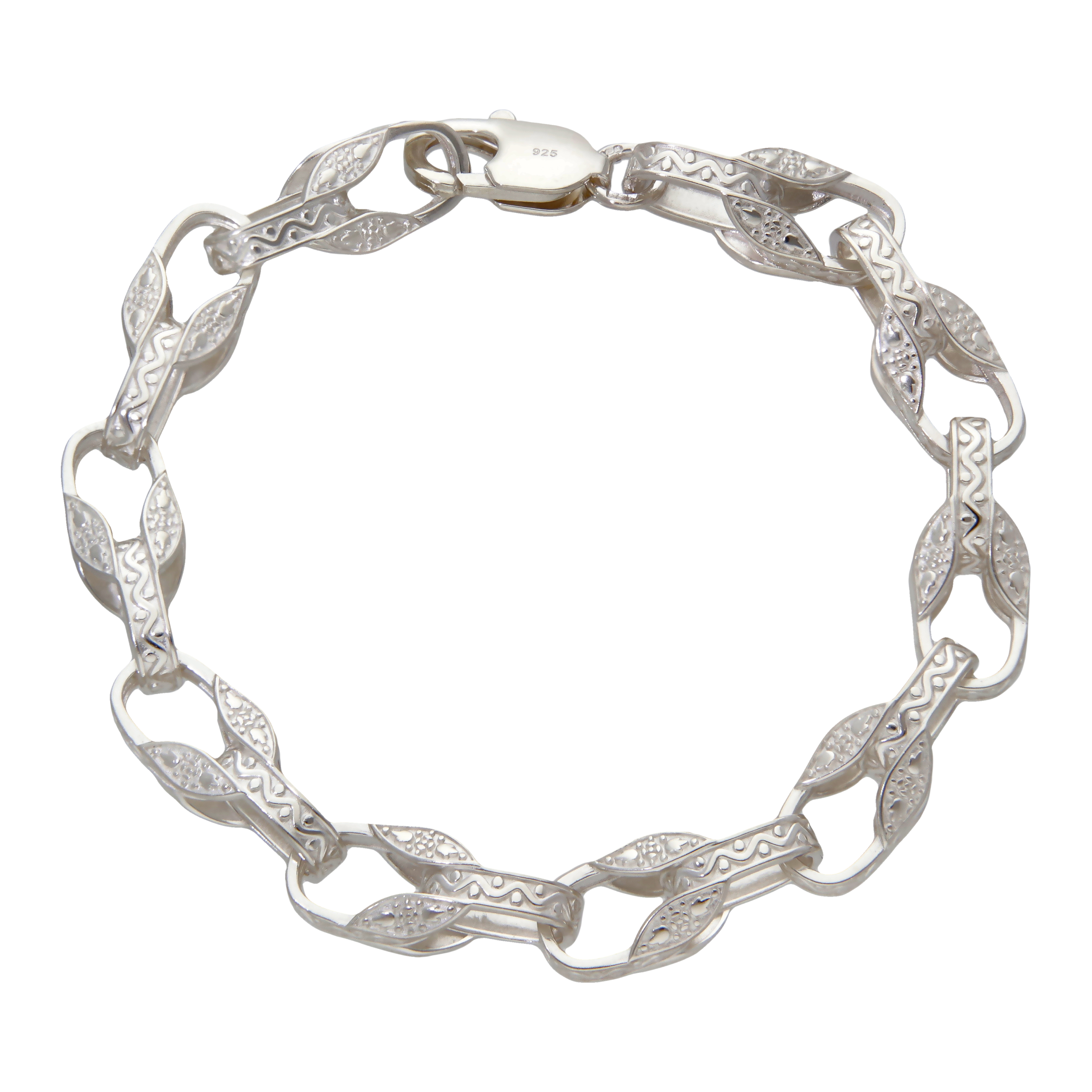 New Sterling Silver 7.5" Engraved Tulip Link Bracelet