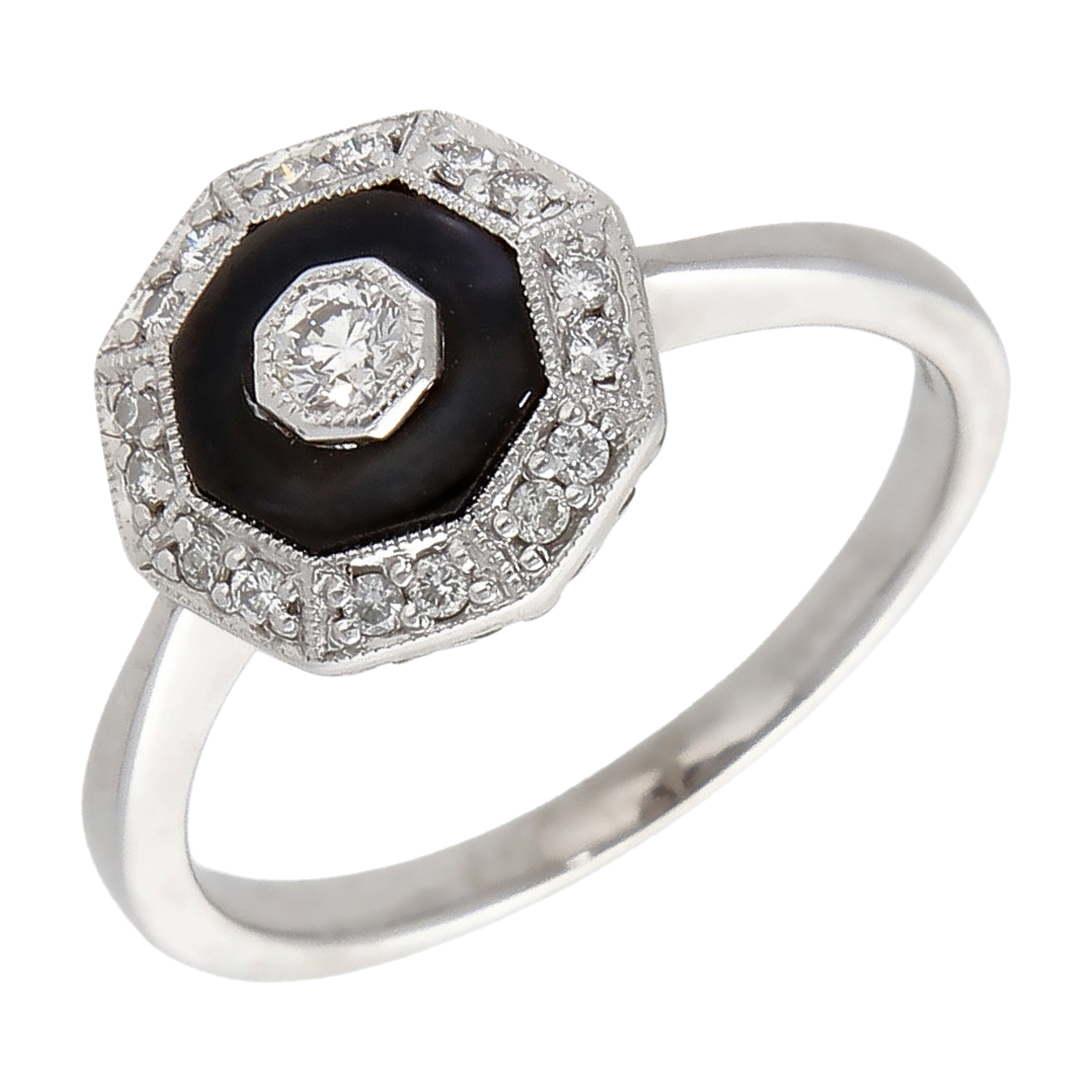 Pre-Owned 18ct White Gold Onyx & Diamond Halo Cluster Ring