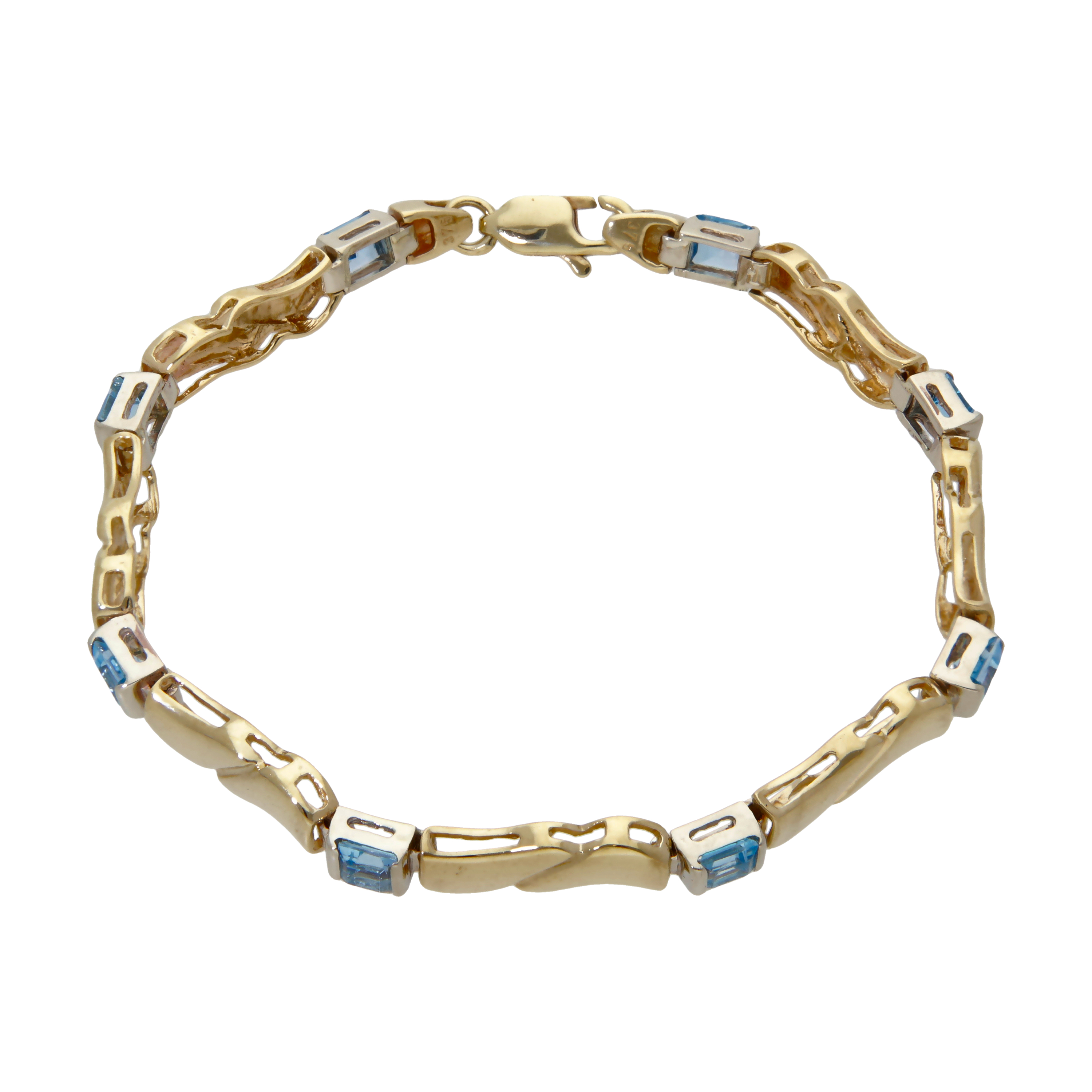 9ct Gold 7 Blue Topaz Set Wave Bar Link Bracelet