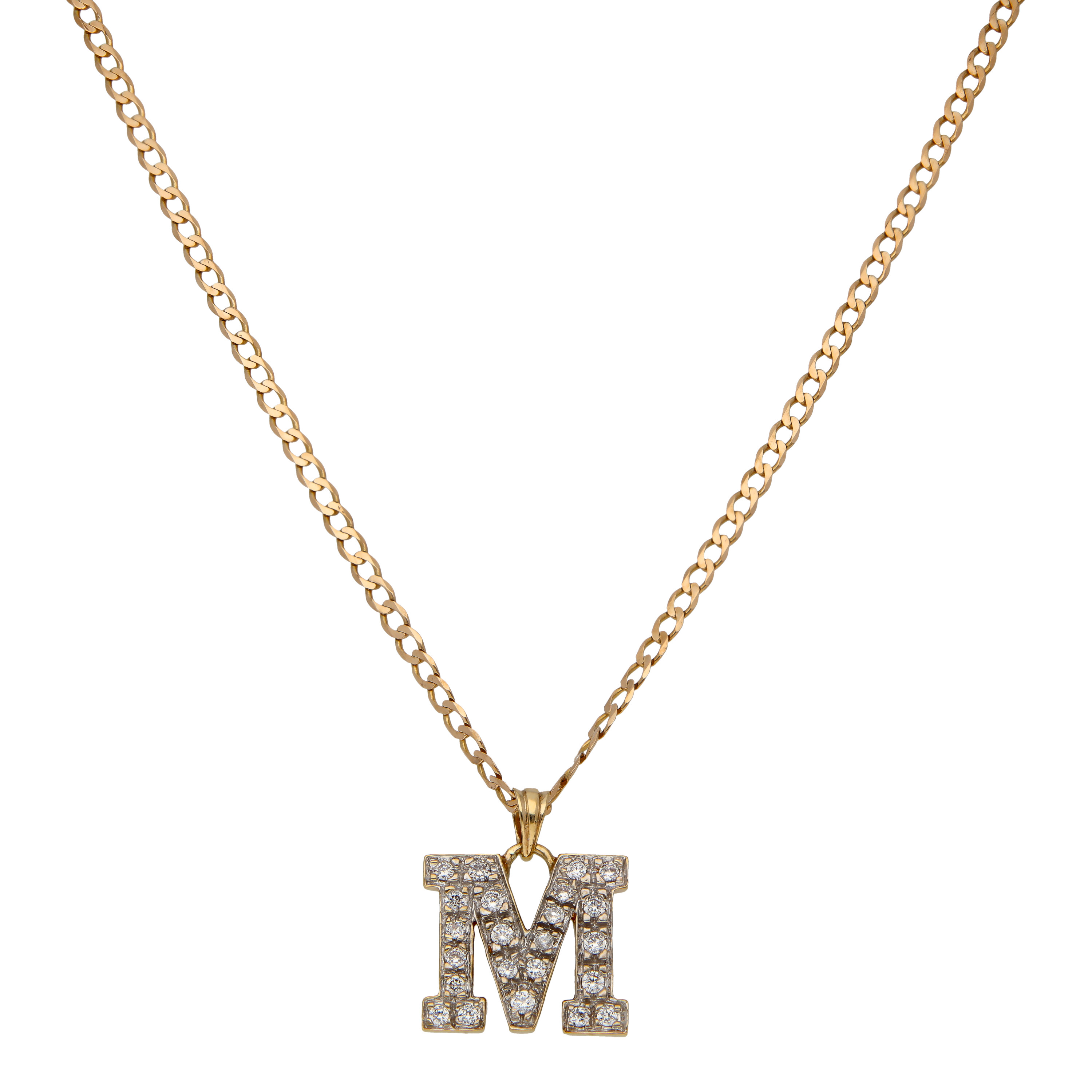 Pre-Owned 9ct Gold Cubic Zirconia Initial M & Chain Necklace