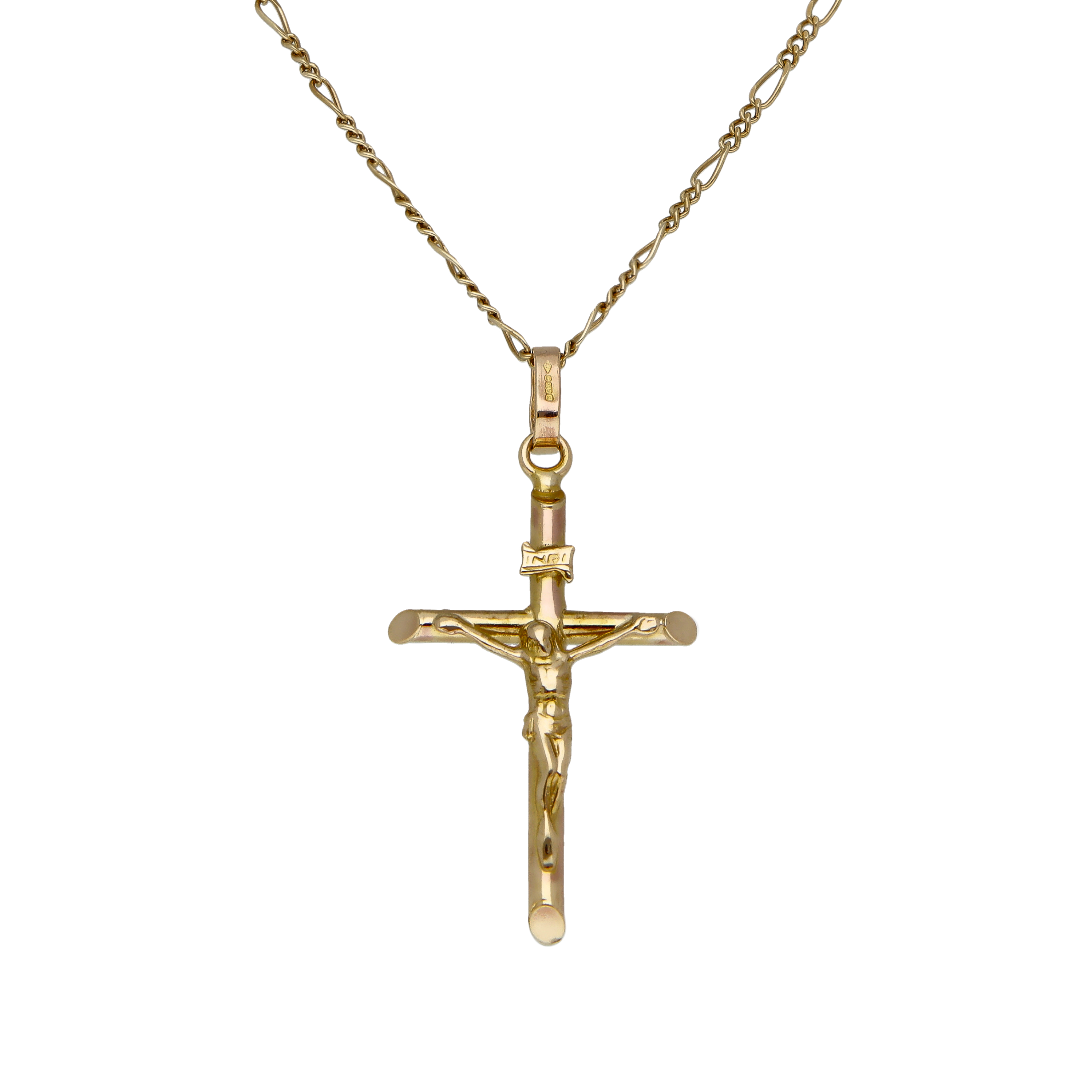 Pre-Owned 9ct Gold Crucifix Pendant & Figaro Chain Necklace
