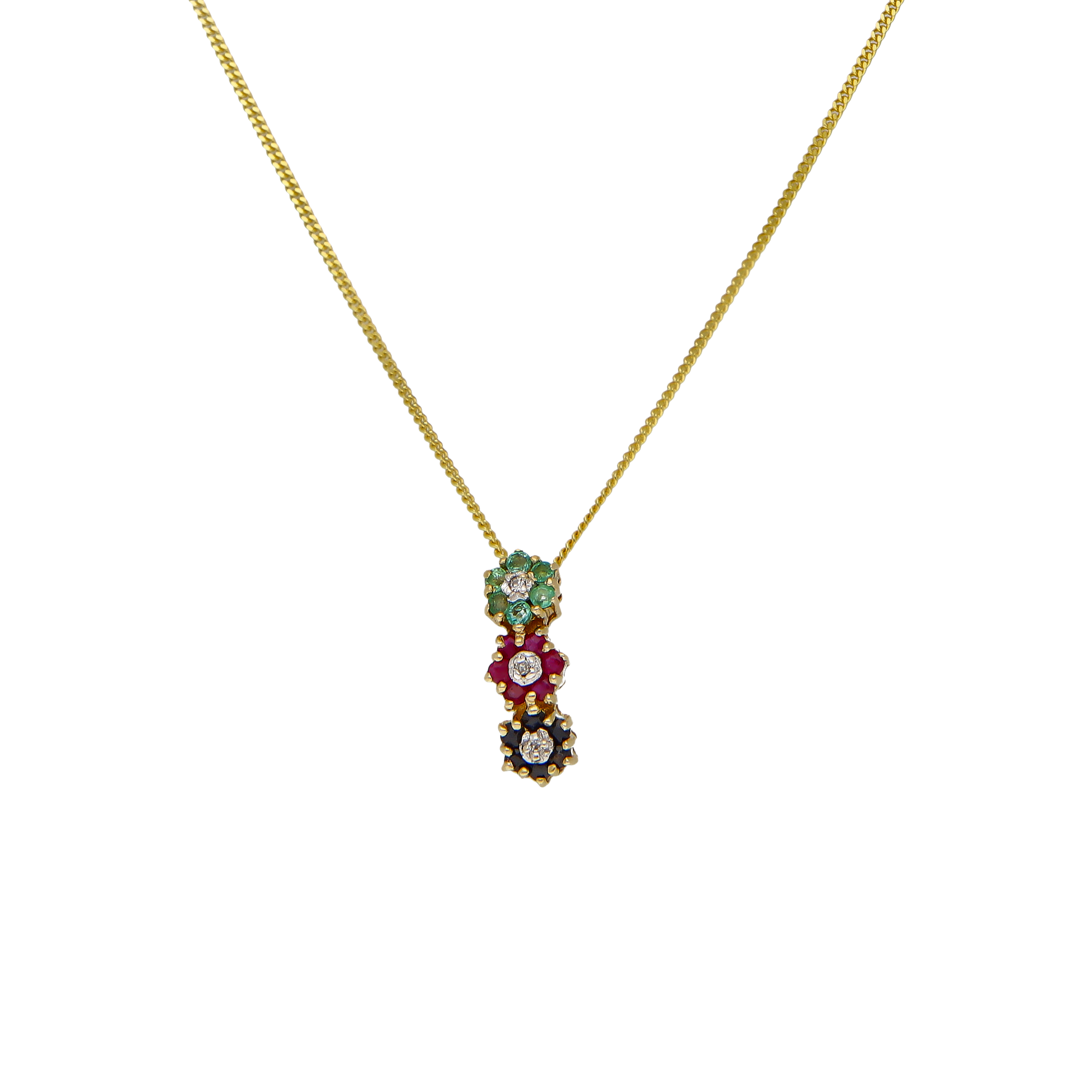 9ct Ruby Sapphire Emerald & Diamond Clusters Necklace