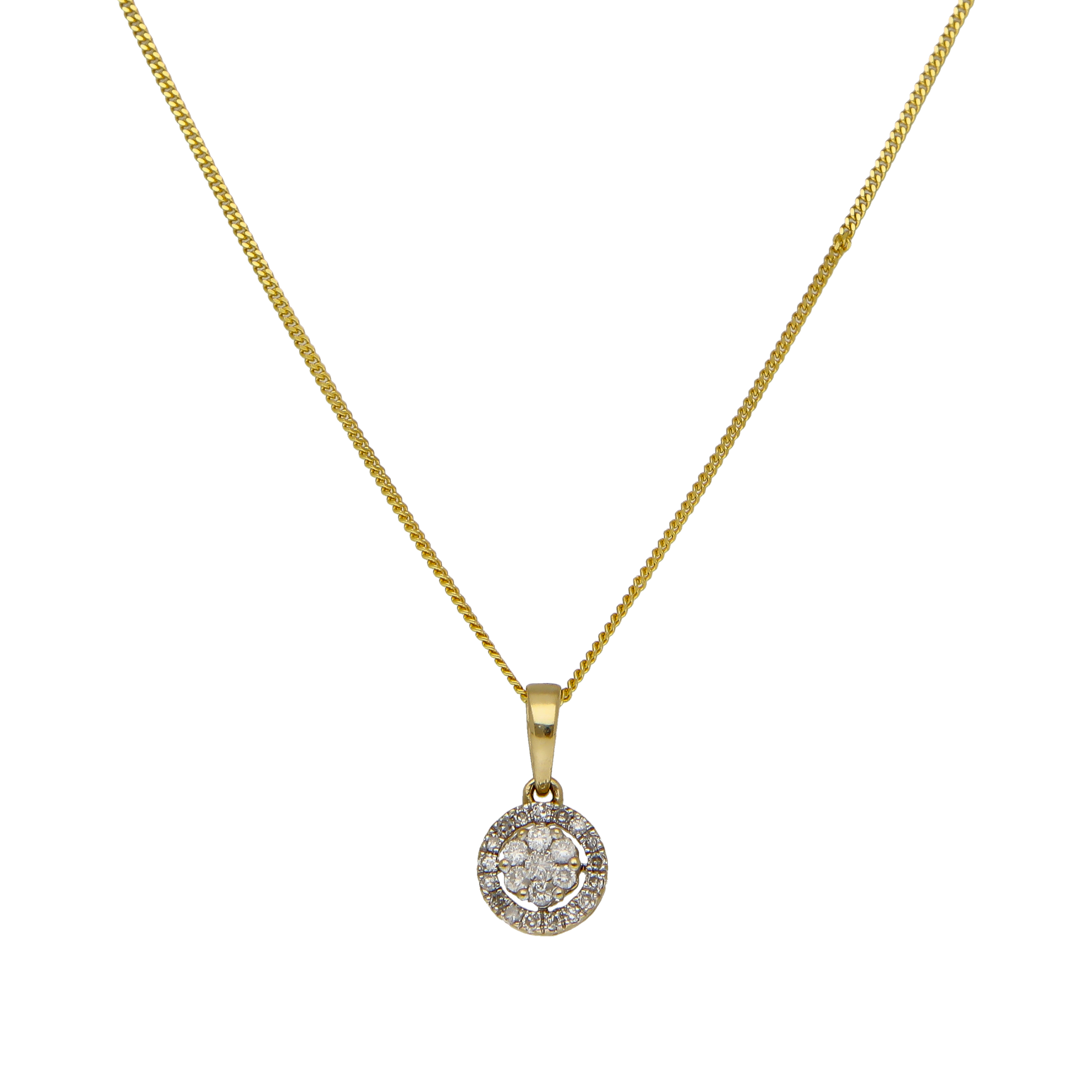 9ct Gold Diamond Cluster Pendant & Chain Necklace