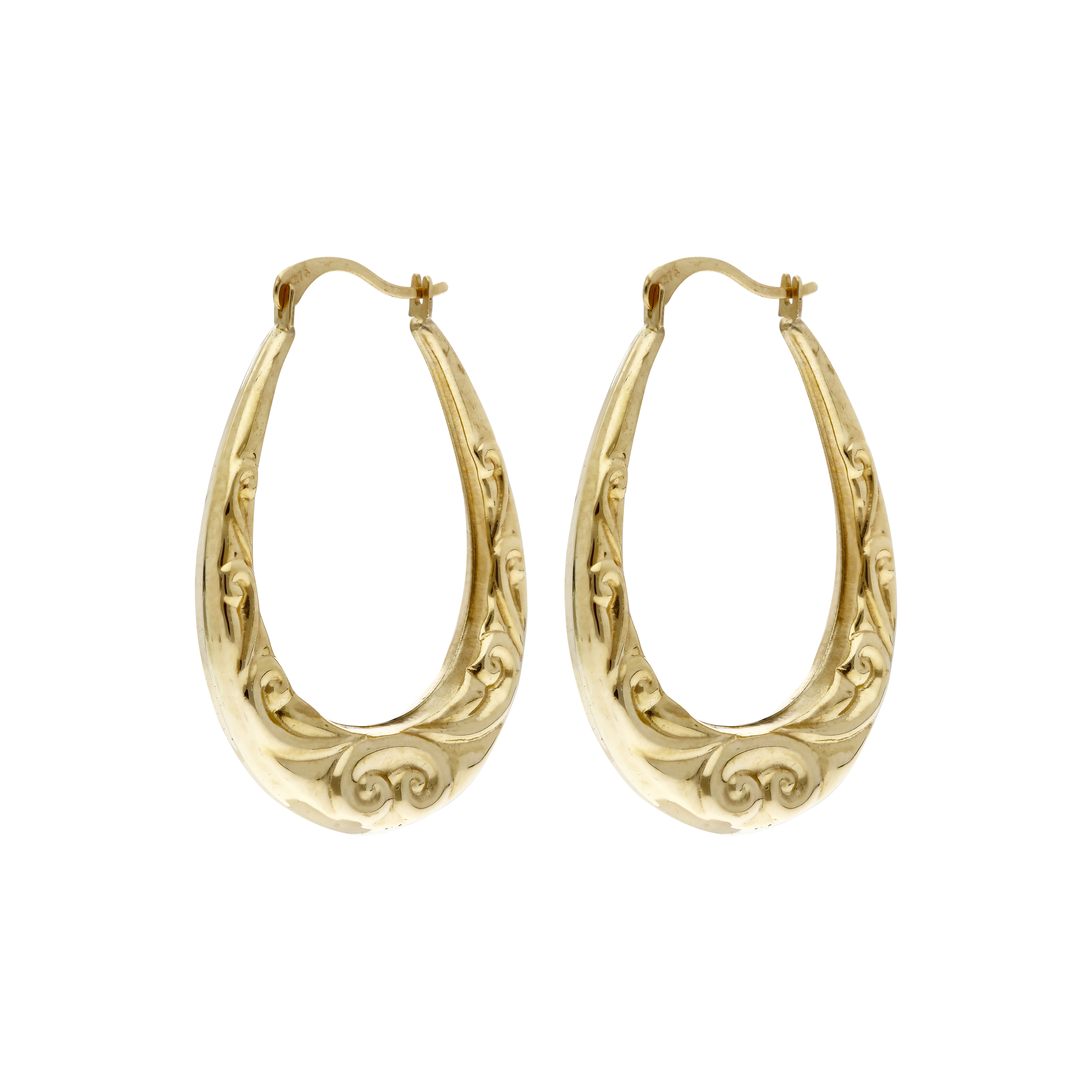 Pre-Owned 9ct Yellow Gold Scroll Patterned Oval Creole Earrings