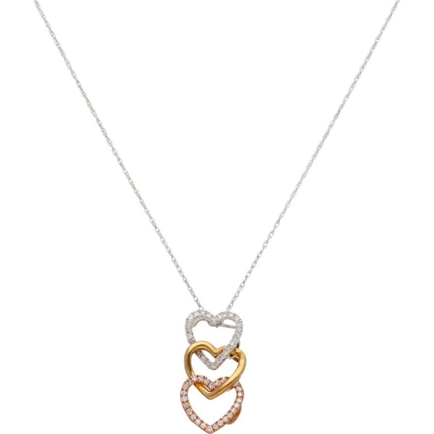 Pendant White & Rose Colour Three Hearts Charm New 9ct Gold Yellow 