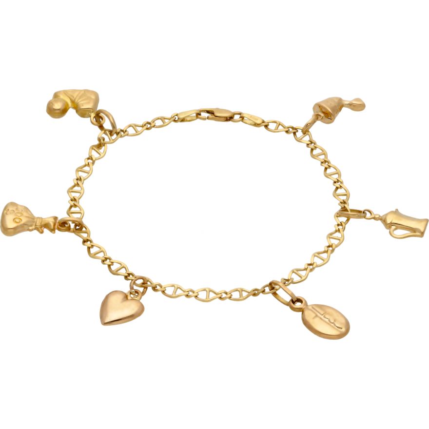 Lot - An 18ct Gold Charm Bracelet; curb link with a 9ct gold padlock clasp  attached with assorted 9, 14 & 18ct gold charms