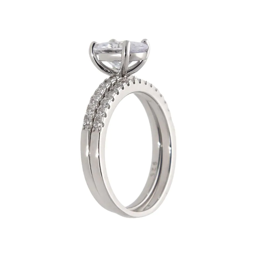 New Sterling Silver Oval Cubic Zirconia Bridal Set 2 Rings
