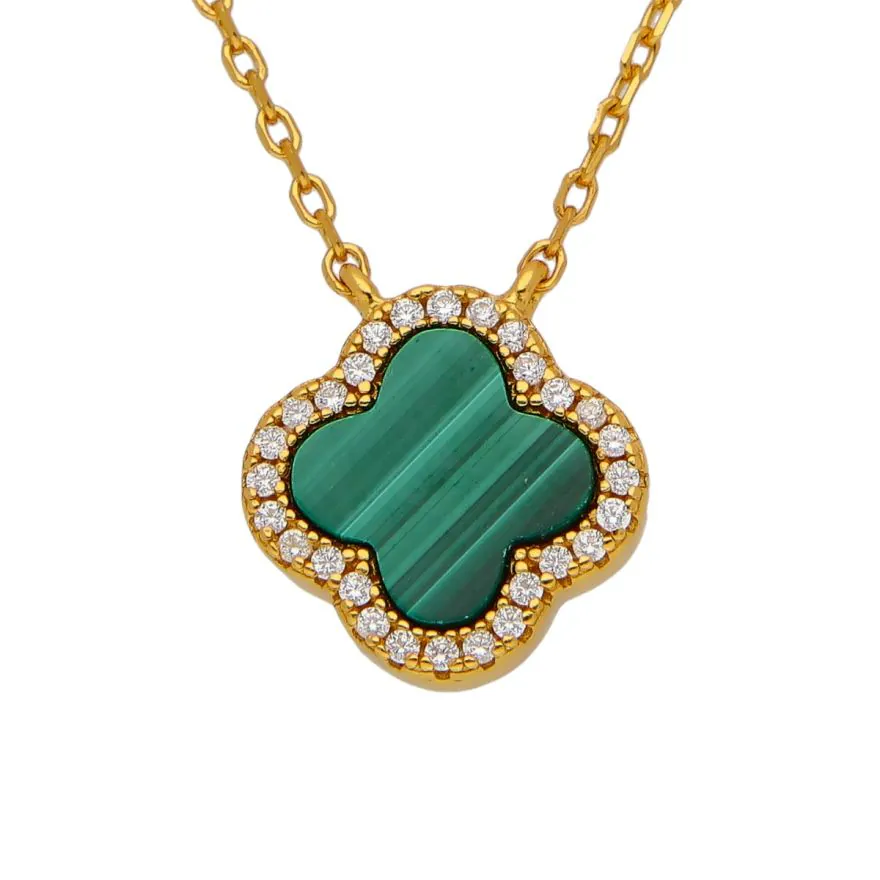 New Gold Plated Sterling Silver Malachite Clover Petal Necklace