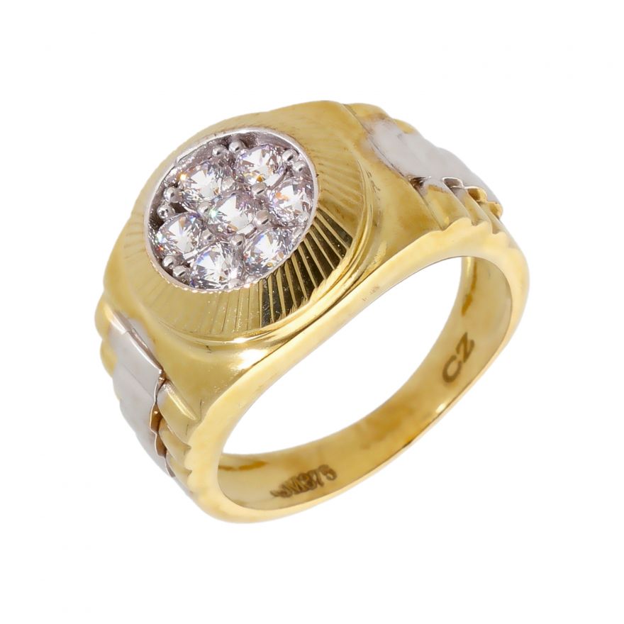 New 9ct 2 Colour Gold Cubic Zirconia Rolex Style Mens Ring