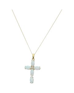 New 9ct Gold Cultured Opal & Cubic Zirconia Cross 18" Necklace