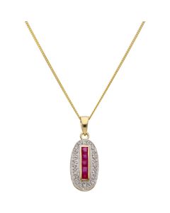 New 9ct Yellow Gold Ruby & Diamond Pendant & 18 Inch Necklace