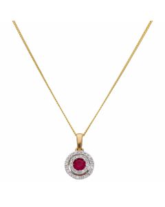 New 9ct Yellow Gold Ruby & Diamond Halo Pendant & 18" Necklace