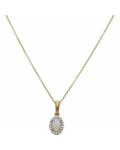 New 9ct Yellow Gold Opal & Diamond Pendant & 16" Necklace