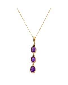 New 9ct Yellow Gold Amethyst Triple Drop Pendant & 18" Necklace