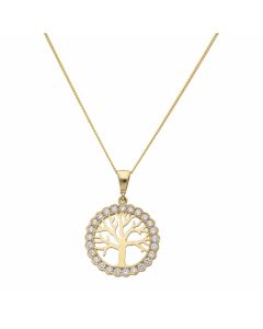 New 9ct Yellow Gold Cubic Zirconia Tree Of Life & 18" Necklace