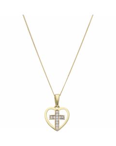 New 9ct Yellow Gold Cubic Zirconia Heart Cross & 18" Necklace