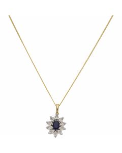 New 9ct Gold Sapphire & Diamond Cluster Pendant & 18" Necklace