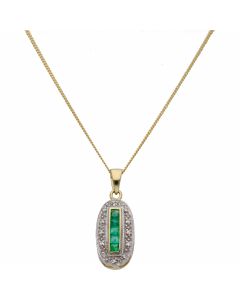 New 9ct Yellow Gold Emerald & Diamond & 18" Chain Necklace