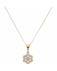 New 9ct Yellow Gold Cubic Zirconia Daisy Pendant & 18" Necklace