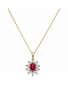 New 9ct Gold Ruby & Diamond Oval Cluster Pendant & 18" Necklace