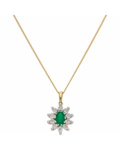 New 9ct Gold Emerald & Diamond Cluster Pendant & 18" Necklace