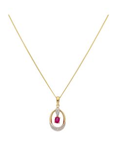 New 9ct Yellow Gold Ruby & Diamond Pendant & 18" Chain Necklace