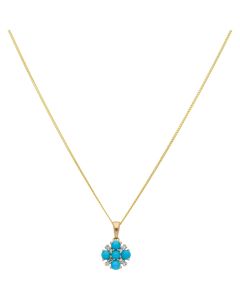 New 9ct Yellow Gold Turquoise & Diamond Cluster & 18" Necklace