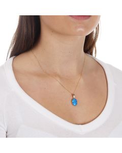 New 9ct Yellow Gold Blue Cultured Opal Pendant & 18" Necklace