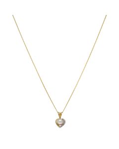 New 9ct Yellow Gold Cultured Pearl & Diamond Heart & 18" Chain
