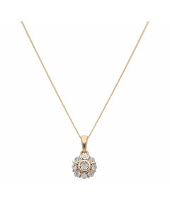 New 9ct Yellow Gold Diamond Cluster Pendant & 18" Chain Necklace