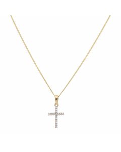 New 9ct Yellow Gold Small Diamond Cross Pendant & 18" Chain