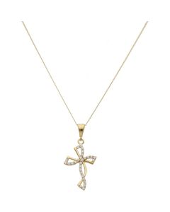 New 9ct Gold Wave Design Cubic Zirconia Set Cross 18" Necklace